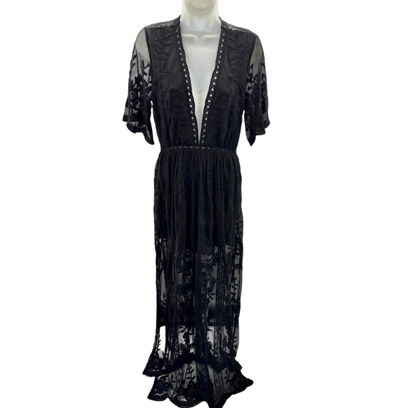 Sky She Deep V Plunge Dress Women’s Small Black Lace Full Length Gown Feminime - Picture 1 of 10